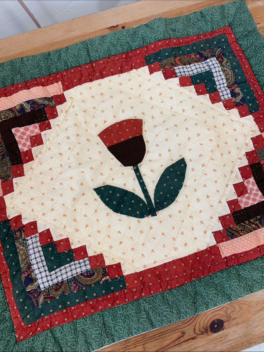 Handmade Patchwork Floral Applique Quilt - Red, Green, Cream pillow sham